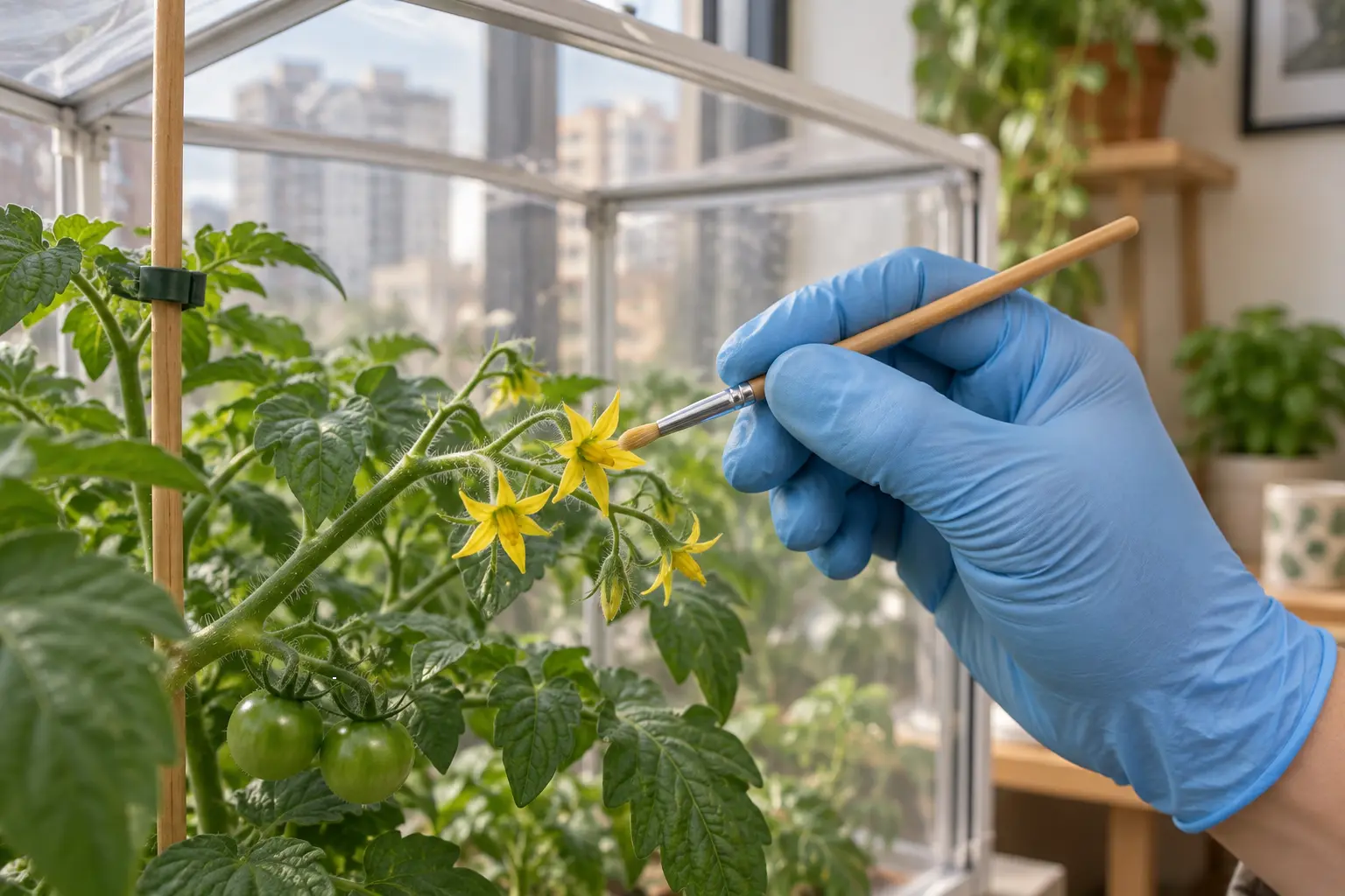 Mão com pincel polinizando flores de tomateiro em miniestufa de apartamento