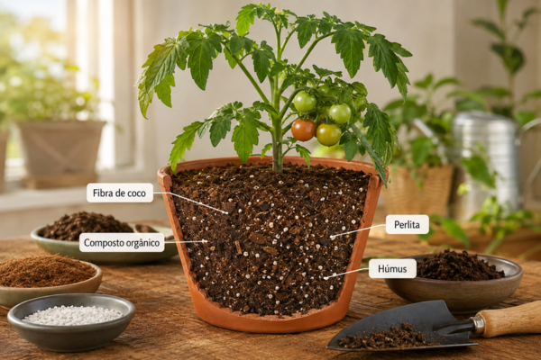 Tomateiro com frutos em vaso profundo contendo fibra de coco, composto orgânico, perlita e húmus