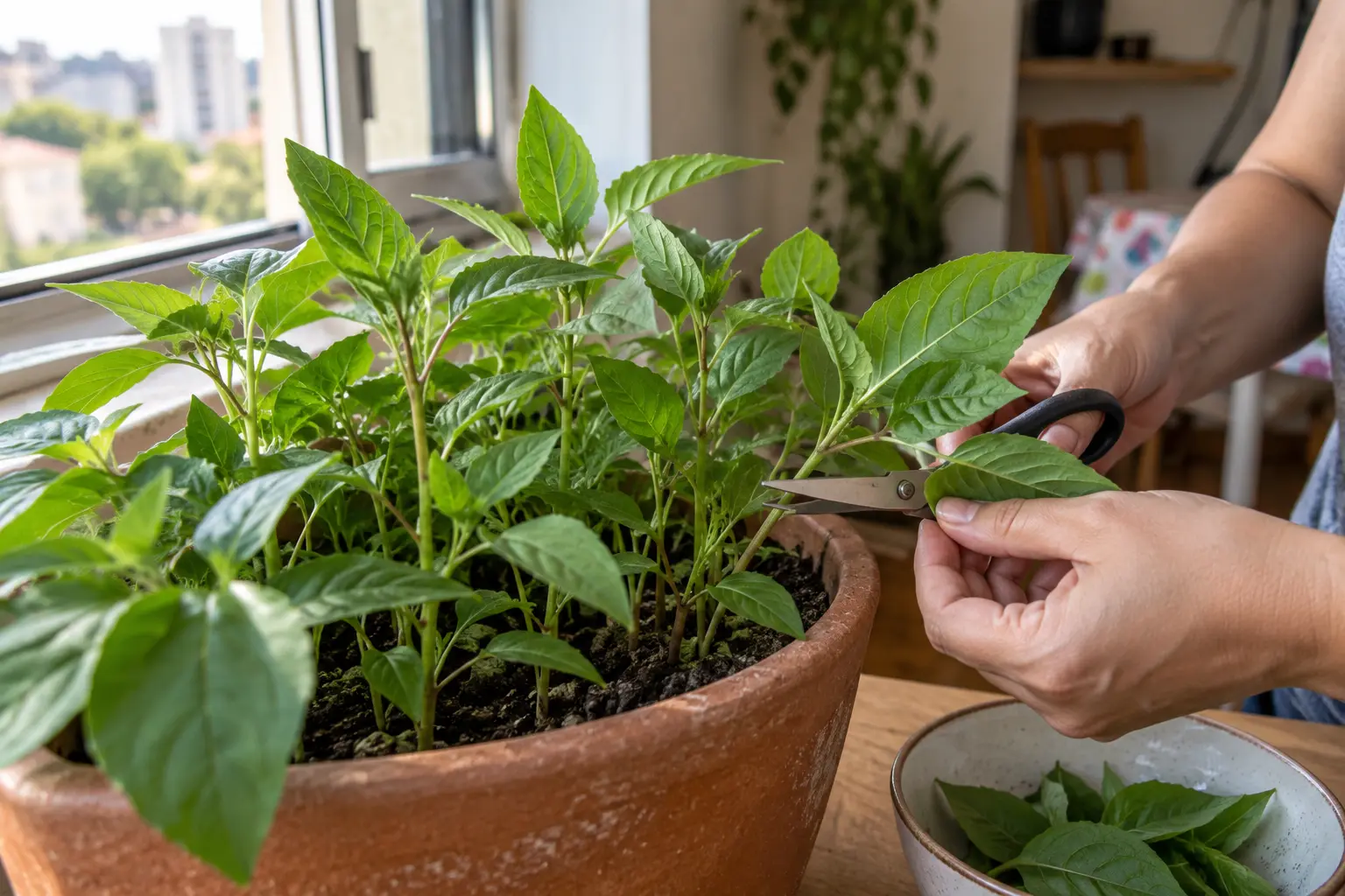 Amaranto folhoso cultivado em vaso com folhas jovens prontas para colheita