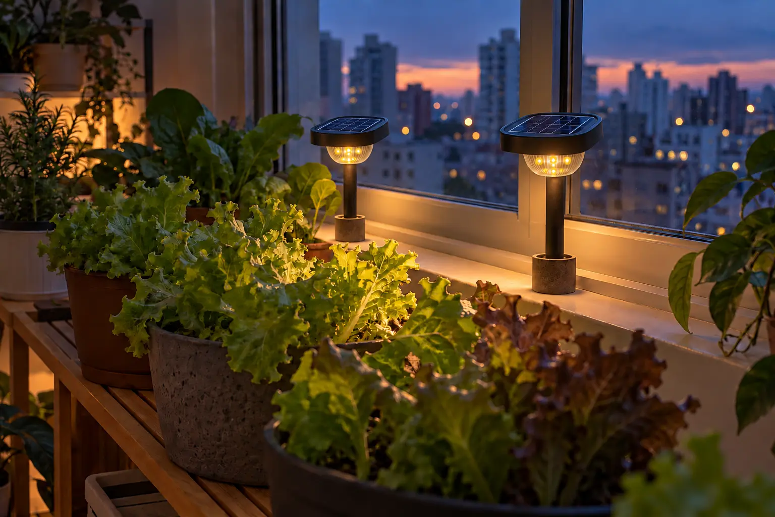 Duas luminárias solares com painéis integrados e vários LEDs acesos no peitoril interno, próximas a vasos de folhosas