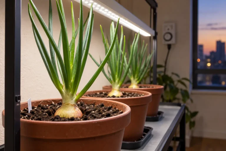 Cebolas com bulbos em formação sob LEDs e temporizador ao fundo para controle do fotoperíodo da cebola.