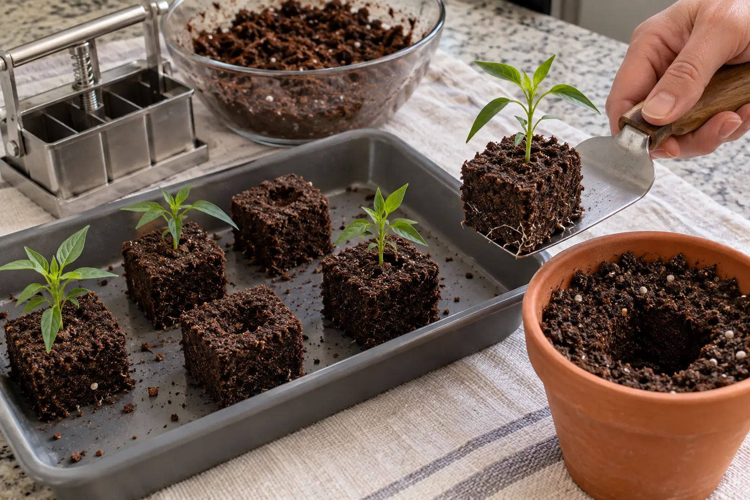 Muda em bloco prensado de substrato apoiado por uma espátula, junto à bandeja e ao vaso preparado para o transplante.