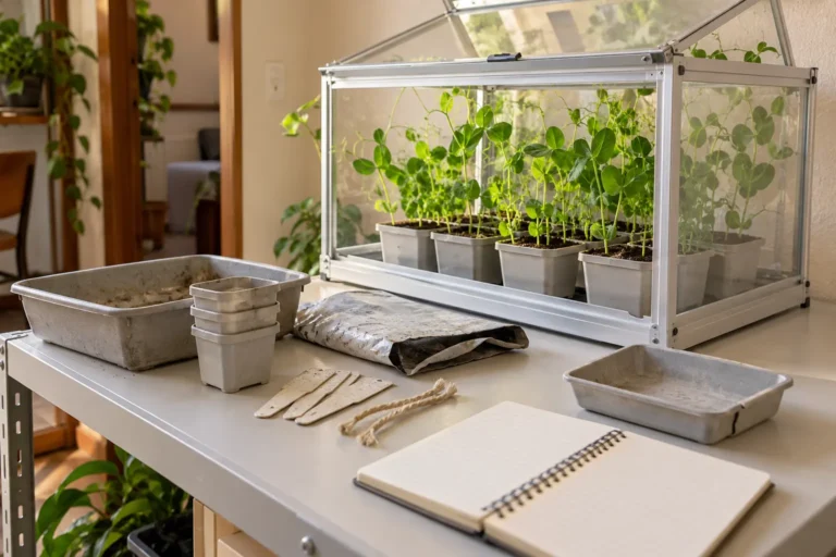 Miniestufa de apartamento com plantas, vasos usados, bandejas, etiquetas, barbante e caderno sobre a bancada.