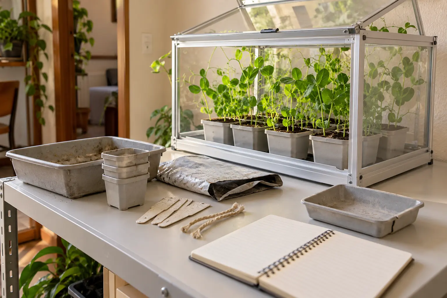 Miniestufa de apartamento com plantas, vasos usados, bandejas, etiquetas, barbante e caderno sobre a bancada.