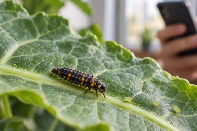 Ilustração de larva de joaninha próxima a pulgões em folha de couve, com uma pessoa fotografando ao fundo.