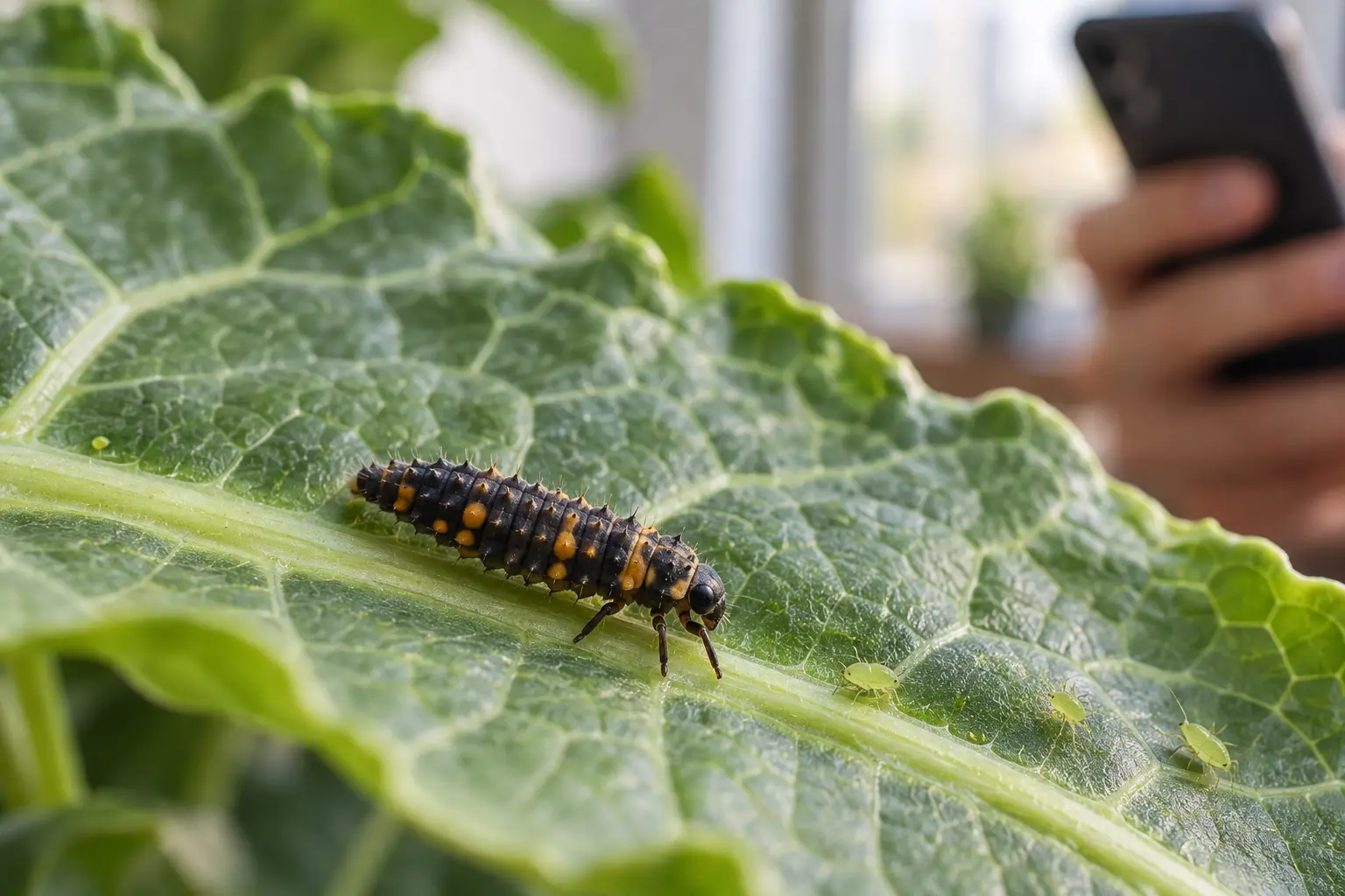 Ilustração de larva de joaninha próxima a pulgões em folha de couve, com uma pessoa fotografando ao fundo.