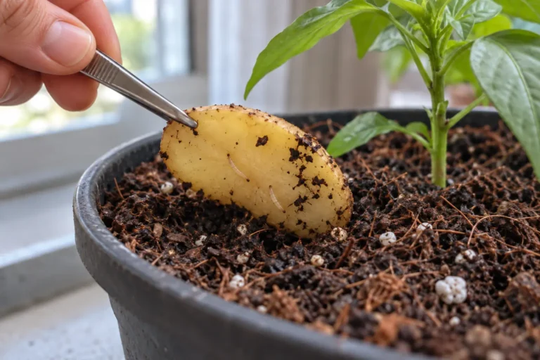 Pinça levantando uma fatia de batata com pequenas larvas sobre o substrato de um vaso de pimentão.