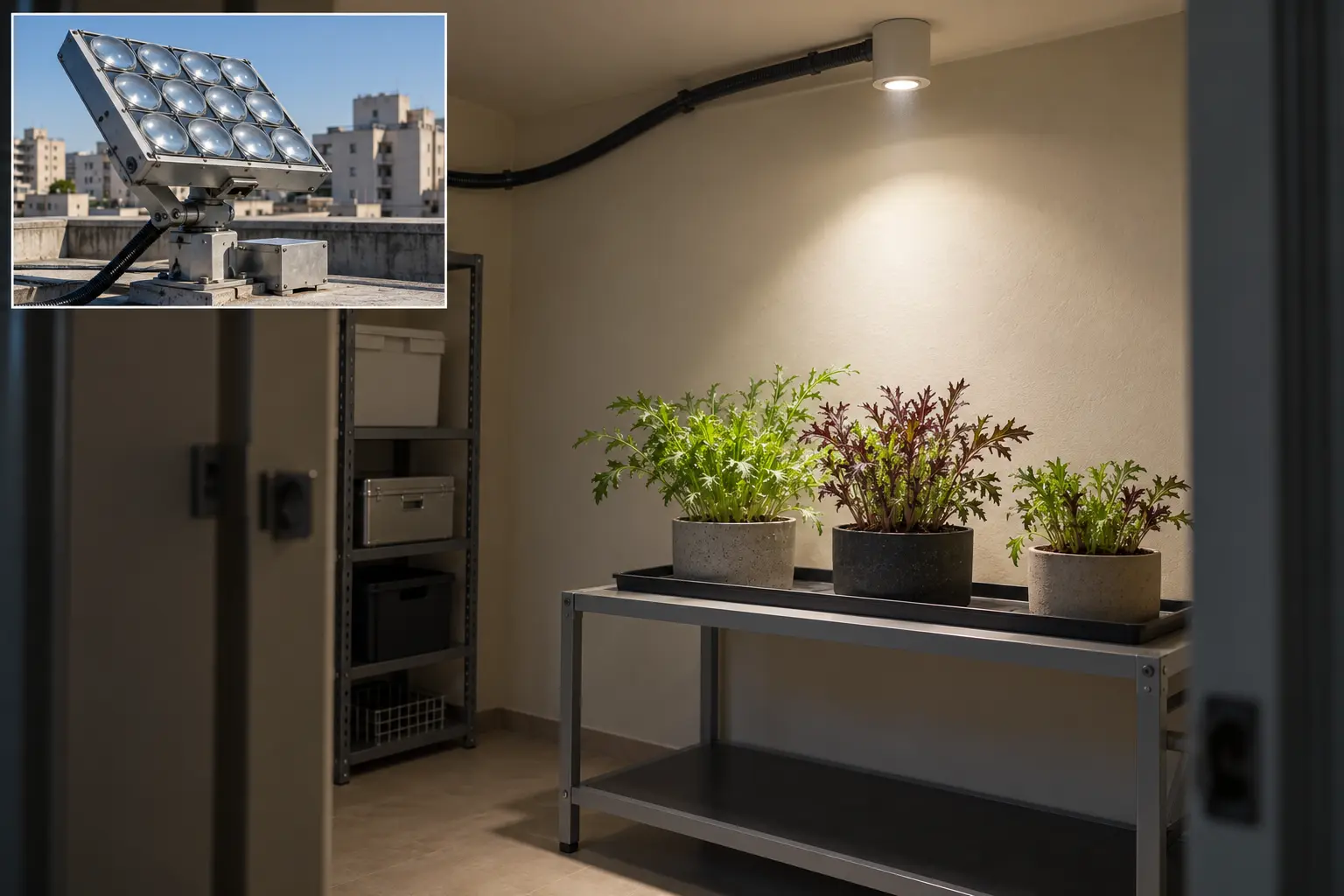 Representação de coletor solar no telhado e terminal óptico iluminando vasos de hortaliças em um cômodo interno.